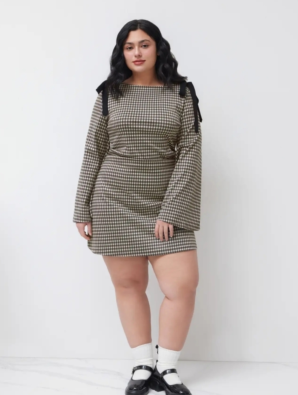 Cotton-blend Boat Neck Gingham Bowknot Ruched Mini Dress Curve & Plus Sz 2XL